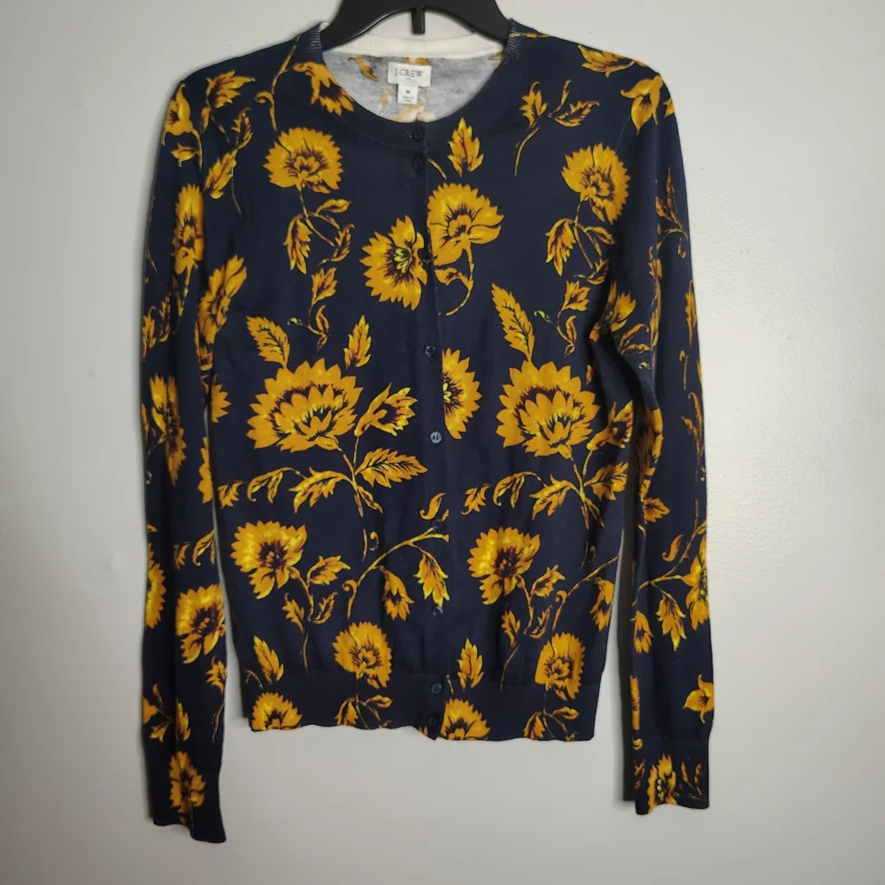 JCrew Blue Yellow Floral Sunflower Lightweight Cardigan Sweater Women's Medium
